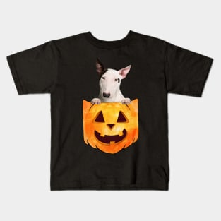 Bull Terrier Dog In Pumpkin Pocket Halloween Kids T-Shirt